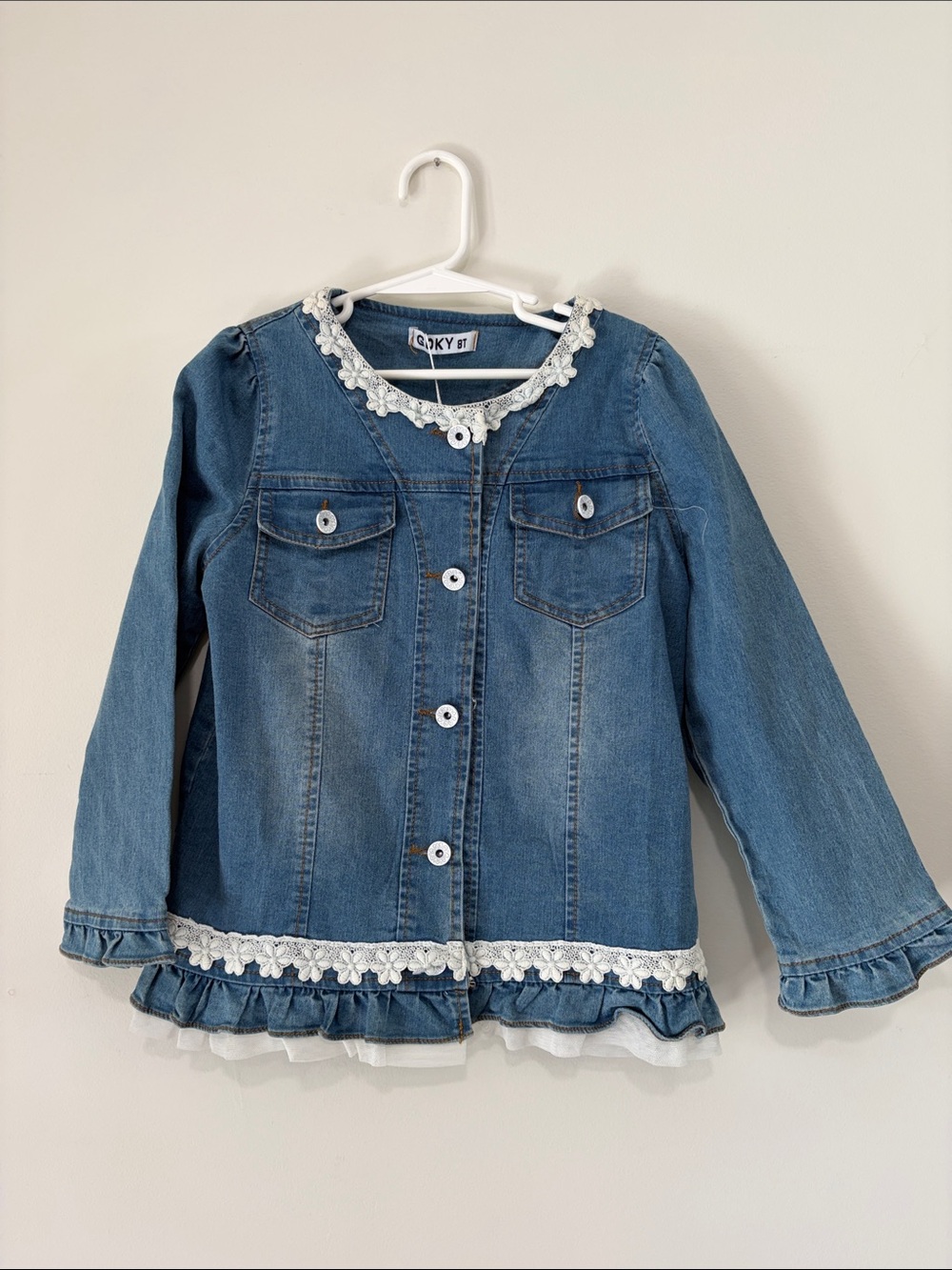 Girls' Blue Denim Jacket with White Lace Trim